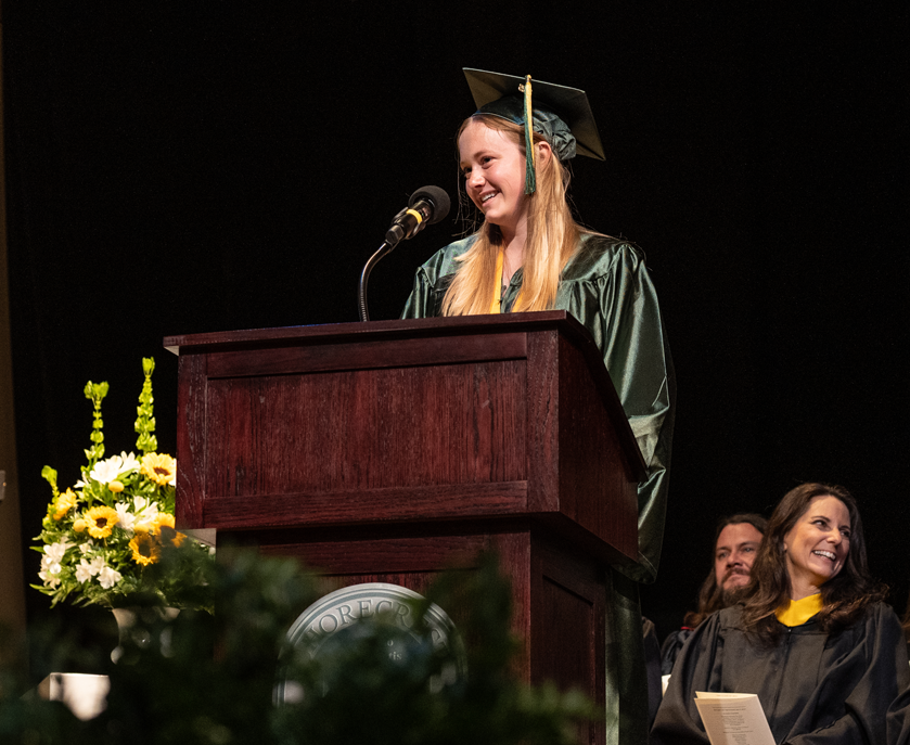 Eve speaking at graduation